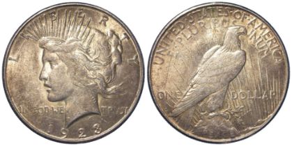 USA silver Peace Dollar 1923S, toned AU, light marks.