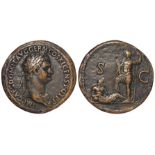Roman Imperial: Domitian AE Sestertius, Rome 85 AD, Rev: Emperor standing l., Rhenus (