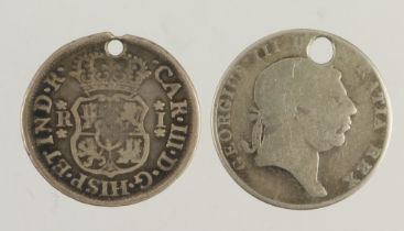 World silver coins x2 (holed): Peru 1 Real 1769 LM JM, F/VG, and Ireland 10 Pence bank token 1813