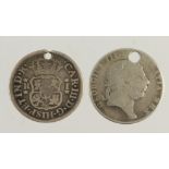 World silver coins x2 (holed): Peru 1 Real 1769 LM JM, F/VG, and Ireland 10 Pence bank token 1813
