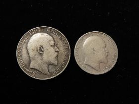 Edward VII silver (2): Florin 1905 nF, and Shilling 1905 VG/Fair.