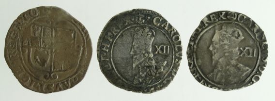 Charles I Shillings (3): mm. anchor GF, mm. eye(?) VG, and mm. triangle-in-circle Fine.