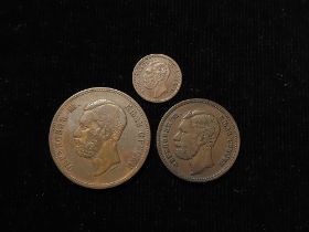 Serbia (3) bronze: 1 Para 1868 nEF, 5 Para 1868 nVF, and 10 Para 1868 nVF