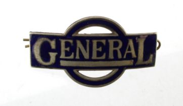 Early "General" white metal & blue enamel bus badge, has 2 lugs & 1 split pin to the reverse.