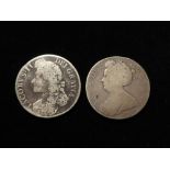 Crowns (2): 1687 Tertio, poor, and 1707E, Fair