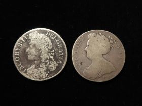 Crowns (2): 1687 Tertio, poor, and 1707E, Fair