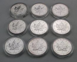Canada 1oz silver Maple Leaf's (9) 1988, 89, 90, 91, 92, 93, 96, 97 & 1999. Unc/BU in hard plastic