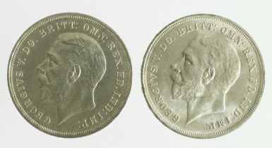 Crowns 1935 (2) George V Jubilee "rocking horse" plain issue, and a specimen (without box), UNC