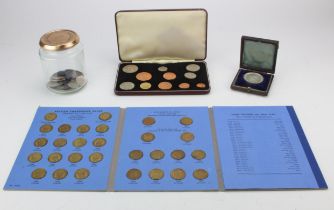 GB & World Coins, an assortment in a plastic tub, plus additional in a glass jar including