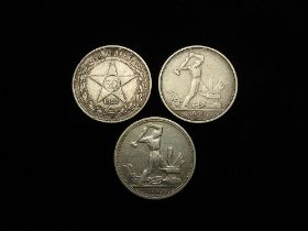 Russia (3) silver 50 Kopeks: 1922 GVF, 1924 aVF, and 1925 VF