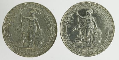 British Empire silver Trade Dollars (2): 1899B, and 1911B, cleaned VF-GVF, some scratches and