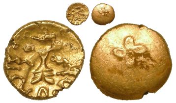 Celtic Britain: Cantii gold Quarter Stater after 65 BC. Stylised Roman trophy surrounded by abstract