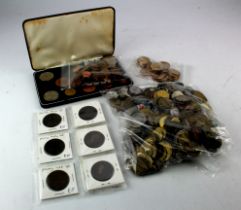 Box lot of coins and tokens.