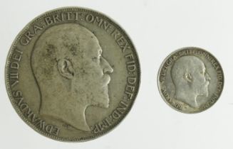 Edward VII silver (2) Crown 1902 Fine, a few edge knocks, and Sixpence 1909 aEF light scratches.