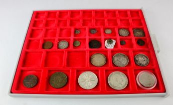 GB & World (20) interesting lot in a Lindner tray, noted EU 50p 1992-93, Thai, Burma silver, etc.