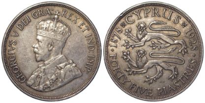 Cyprus silver 45 Piastres 1928 GVF, edge knock.