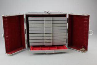 Coin Case: Aluminium carry case of 10x Lindner trays of various size spaces. Used.