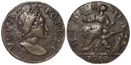 USA Colonial copper 'VOCE POPULI' Halfpenny 1760, no P. Better than VF for type (judging by NGC's