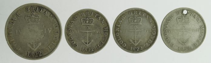 British West Indies silver (4) 'anchor money': IV 1822 and 2x VIII 1822 (one holed) Fair-GF