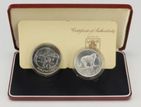 Venezuela, Royal Mint/WWF conservation issue BU silver 2-coin set 1975 (lightly toned) cased with