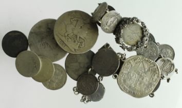 GB & World Silver, 156g of coins and coin jewellery, 17th-19thC.