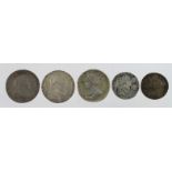 GB Silver (5) early milled: Shillings: 1711 plain 4th bust S.3618 ex-mount VG, 1723 roses & plumes