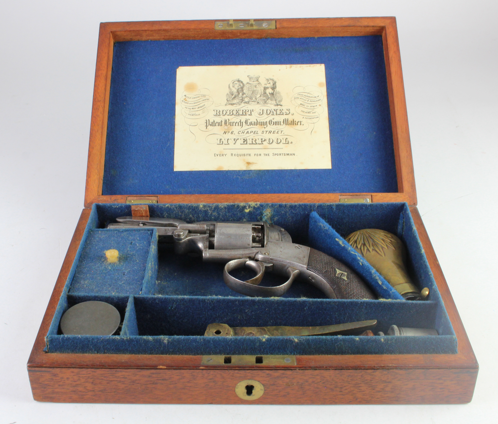 Revolver mid 19th century percussion Beals pattern in fitted case with accessories, Robert Jones