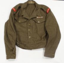 British Battledress with 1945 dated label, issue dated 1946, open collar for wearing tie, badged