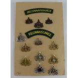 Badges Reconnaissance Corps card with 14x badges inc bladed Bronze Officers and collars.