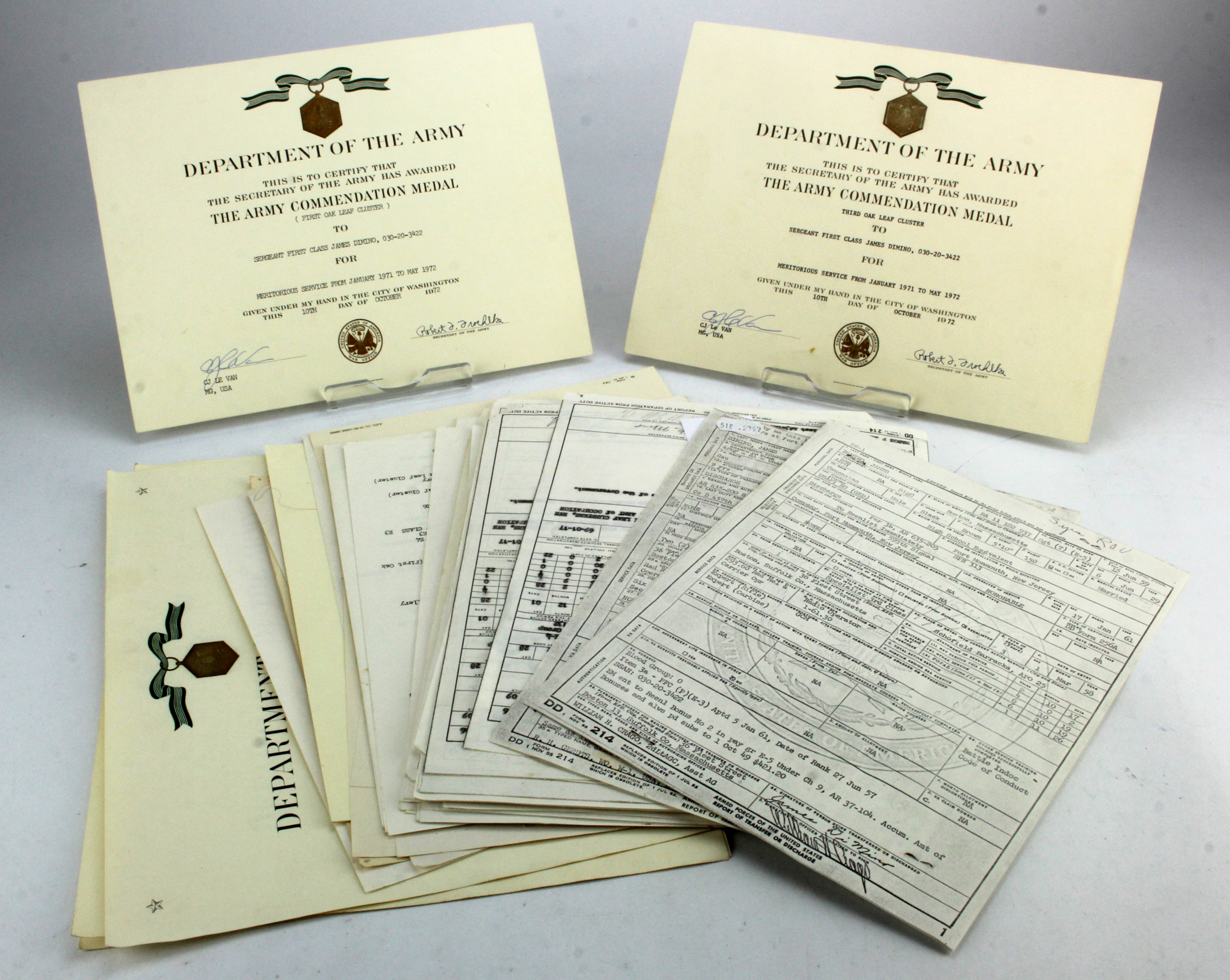 US army cold war period soldiers service and award documents to Sergeant first class James Dimino