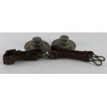 German WW1 Pickelhaube top plates two of with two German Pickelhaube or helmet chin straps.