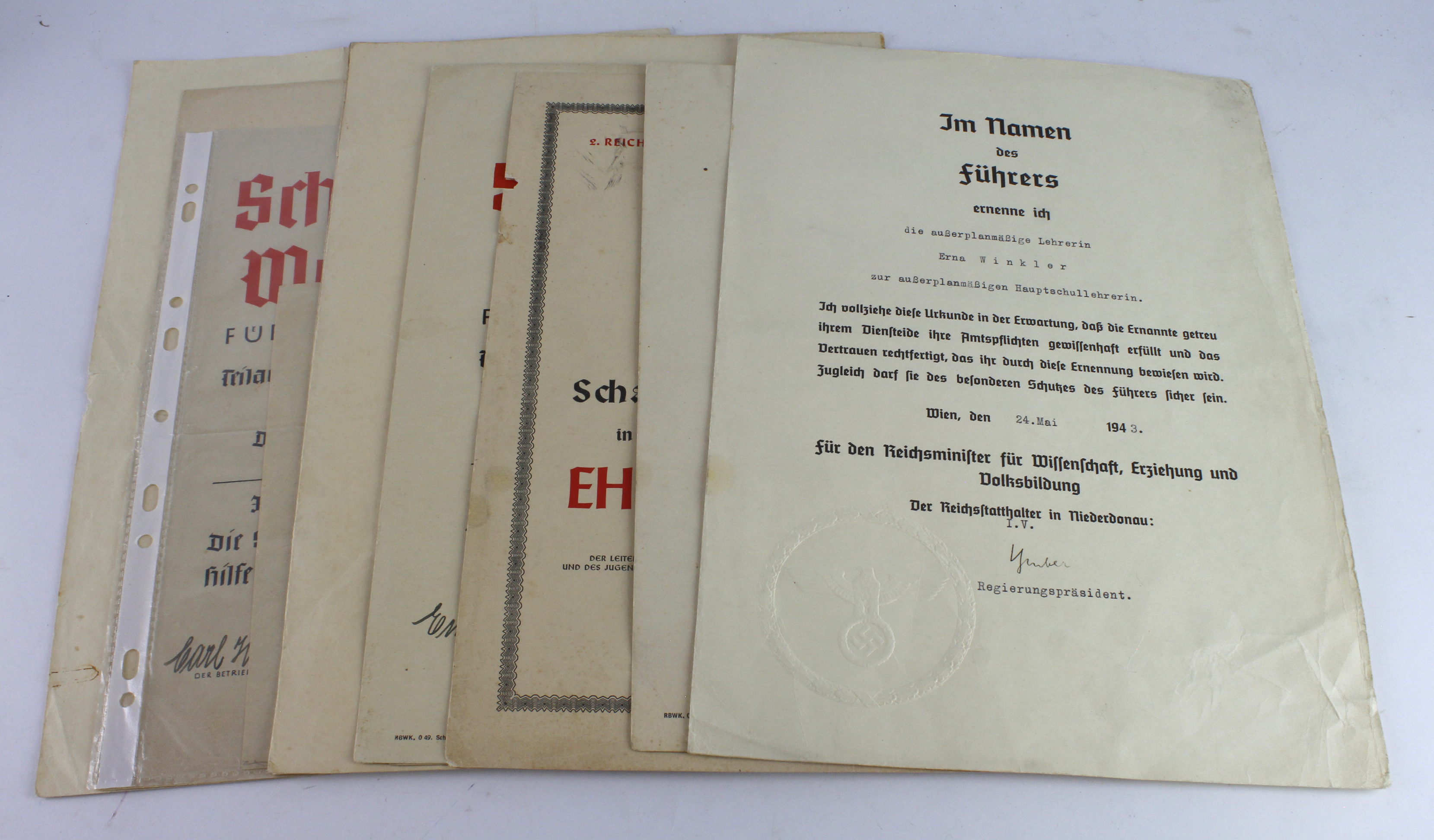 German 3rd Reich pre-war and wartime documents and certificates, various. Needs viewing (10 items)