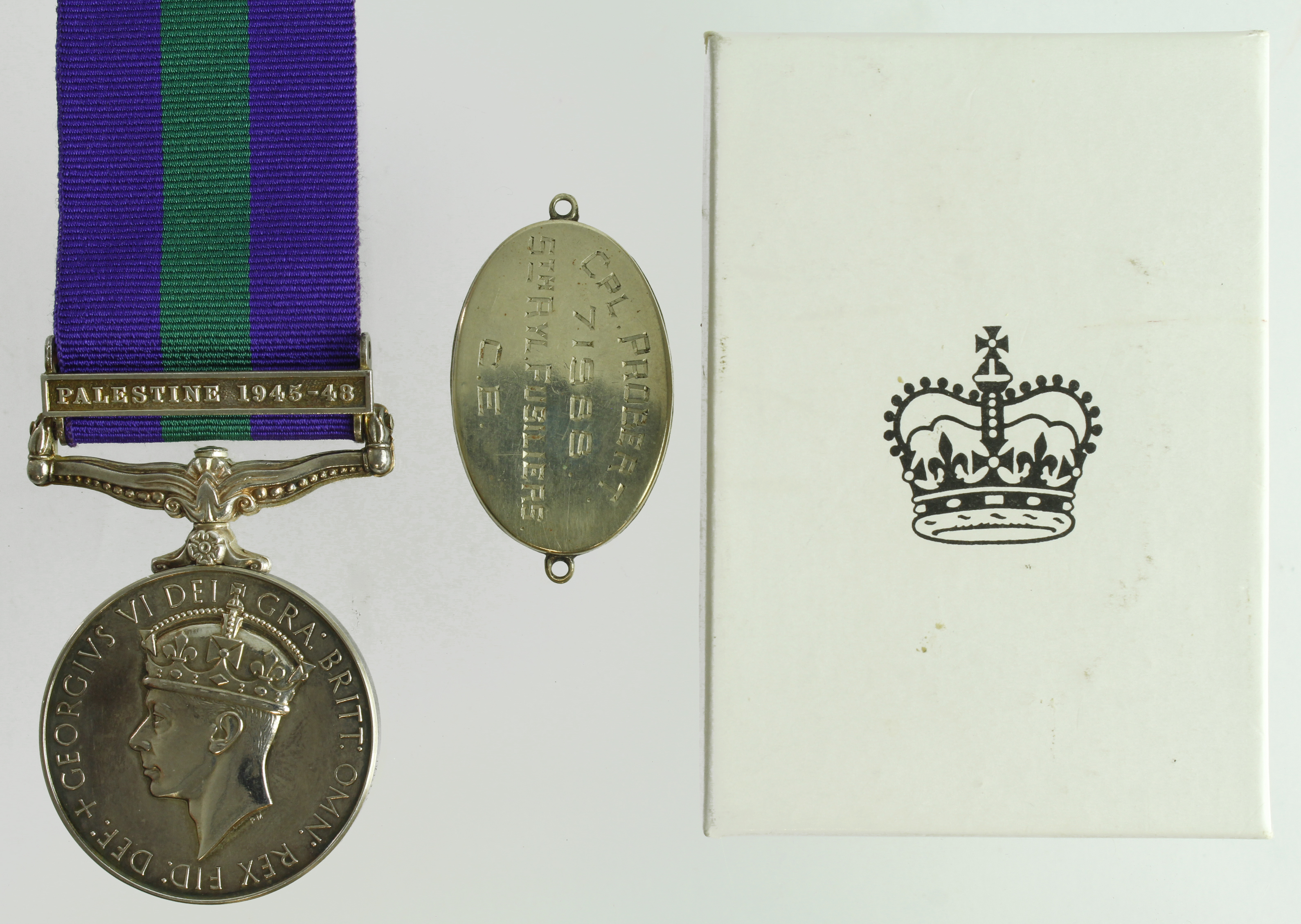 GSM GVI with Palestine 1945-48 clasp (19190956 Cfn B J Probert REME) with box of issue and an ID Tag