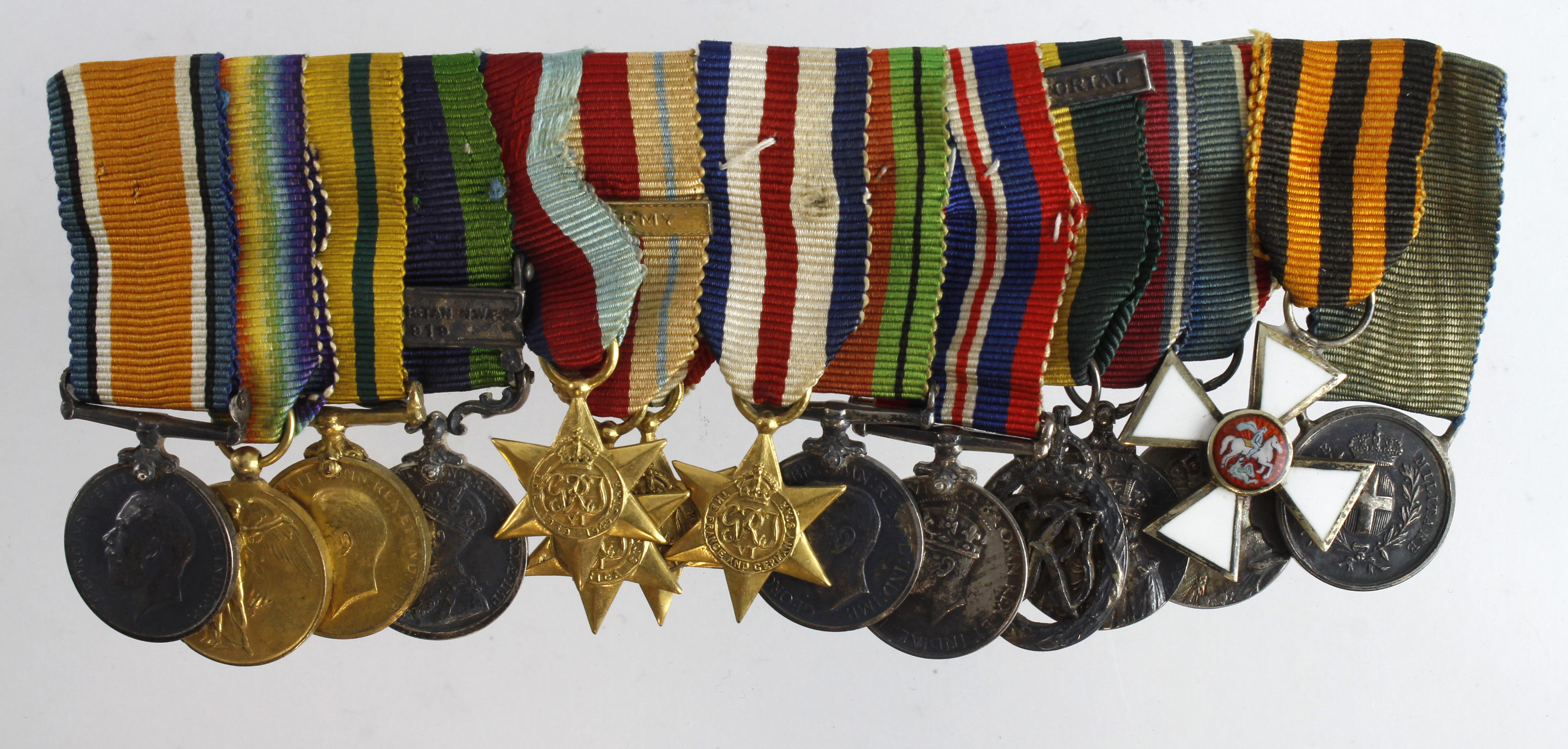 Minature Medal group mounted as worn - BWM & Victory Medal, Territorial War Medal, IGS GV with