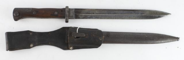 Imperial German M1884/98 knife bayonet in its steel scabbard with leather frog, made in 1887, W K