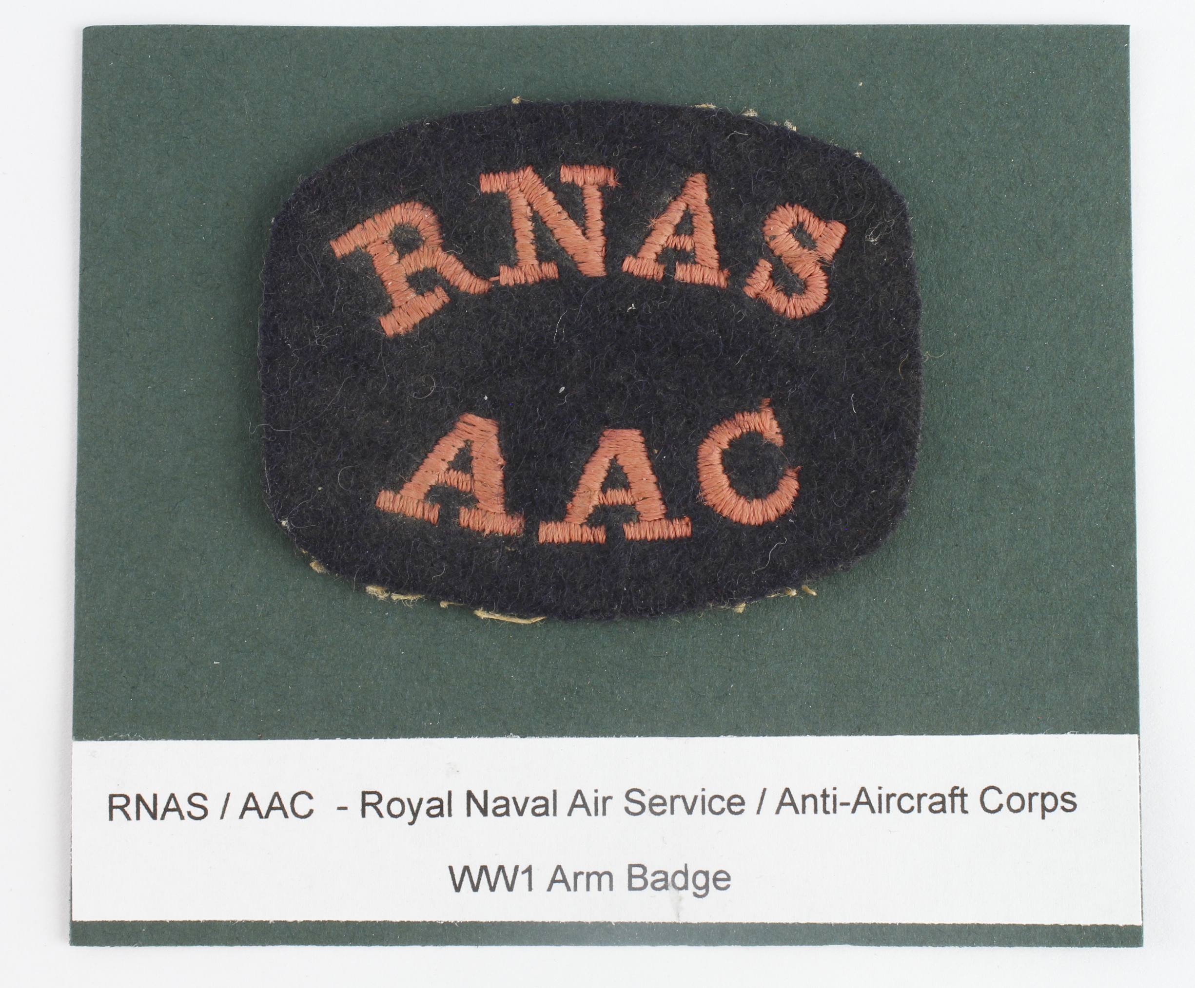 Cloth Badge: RNAS / AAC - Royal Naval Air Service / Anti-Aircraft Corps WW1 embroidered felt arm