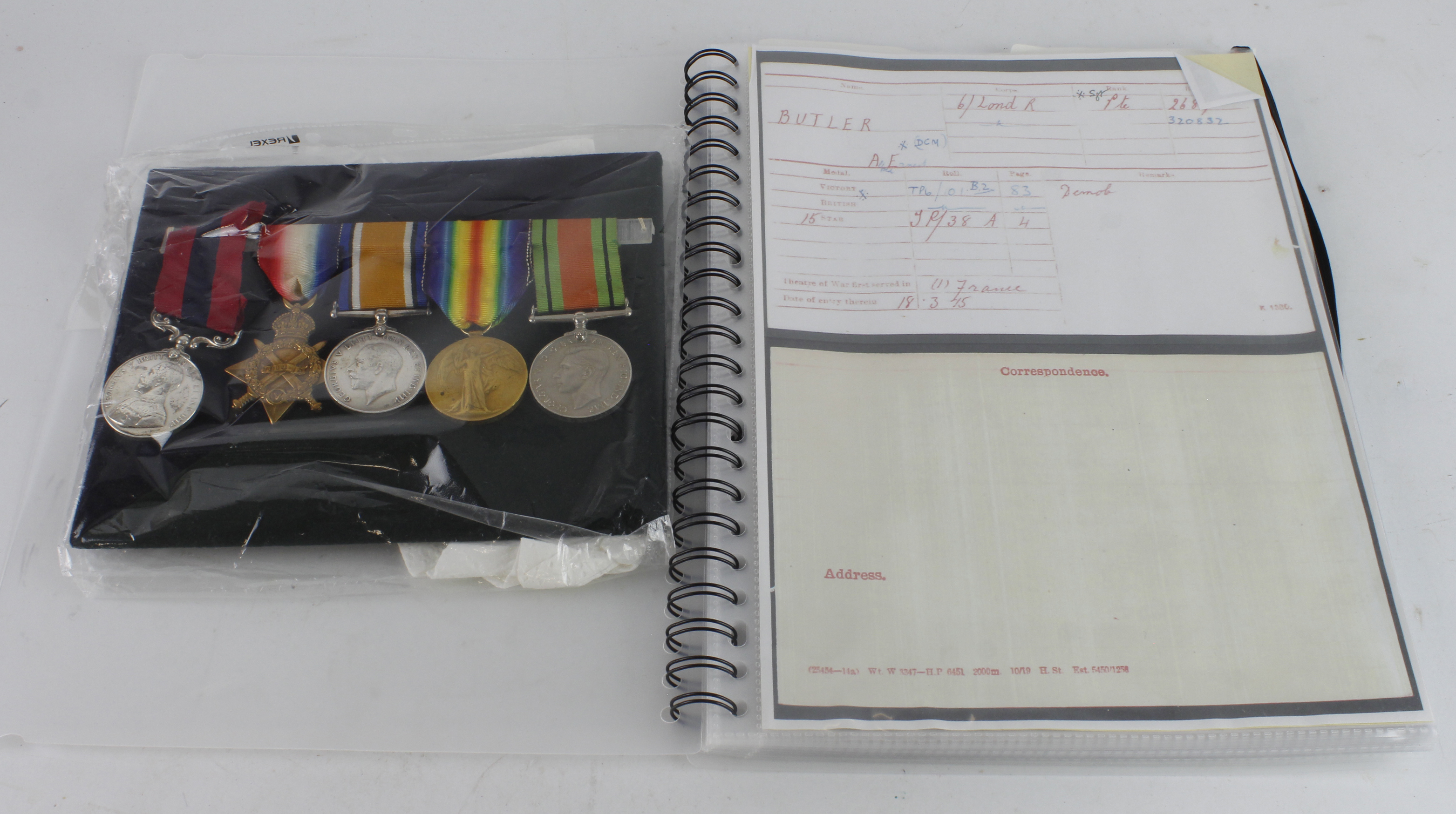 DCM GV, 1915 Star Trio and Defence Medal awarded to 2687/320832 Pte/Sjt A E Butler 6th Bn London