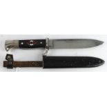 German Hitler Youth knife with scabbard and leather frog, maker marked 'Othello'.