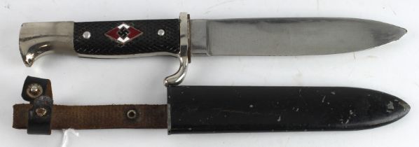 German Hitler Youth knife with scabbard and leather frog, maker marked 'Othello'.