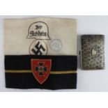 German Stalhelm organisation of veterans, 2 armbands and cigarette case plus a lapel badge.