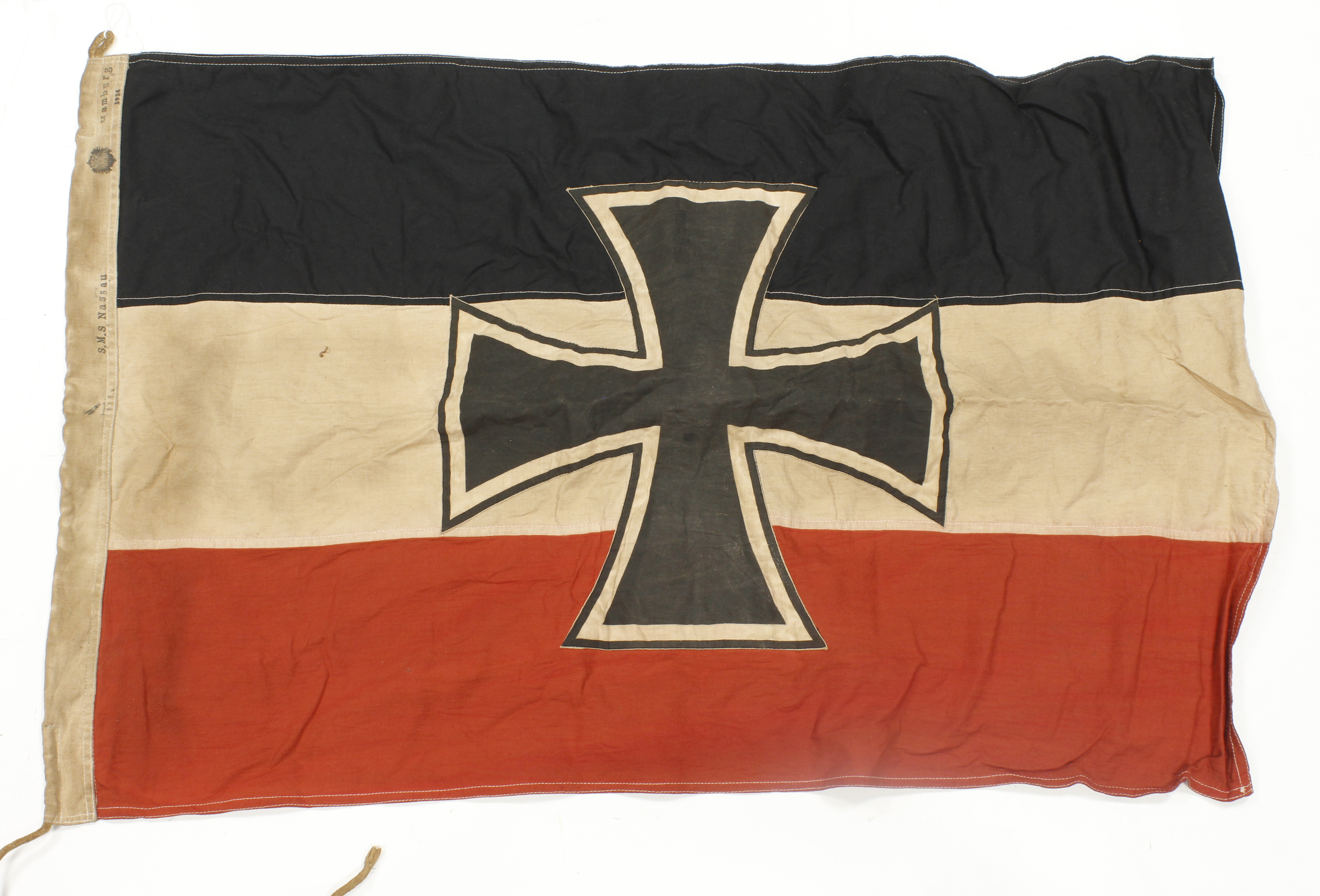 Imperial German Naval flag, 3x feet long, issue stamped, service wear.