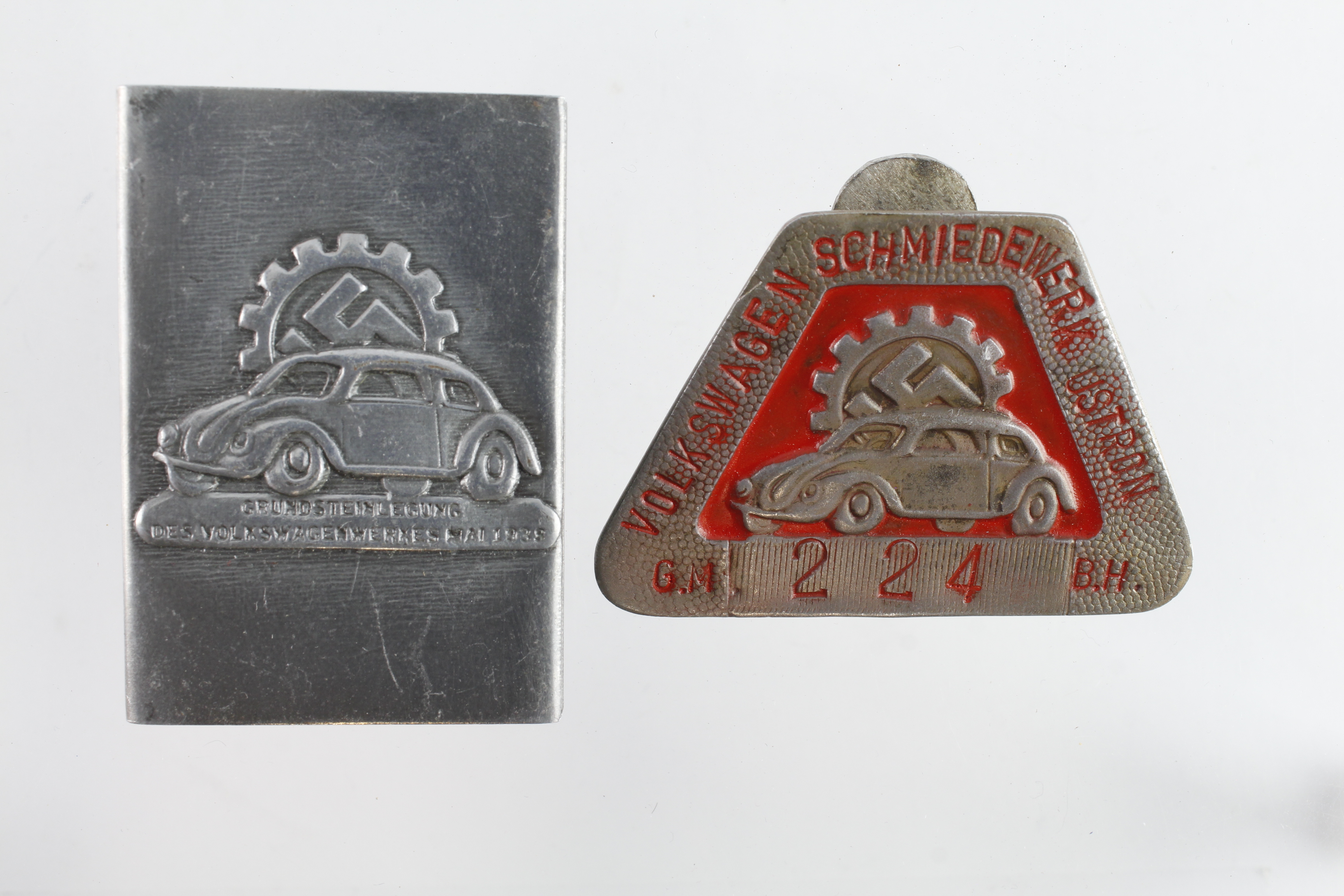 German VW Volkswagen factory workers lapel badge and cigarette packet holder.