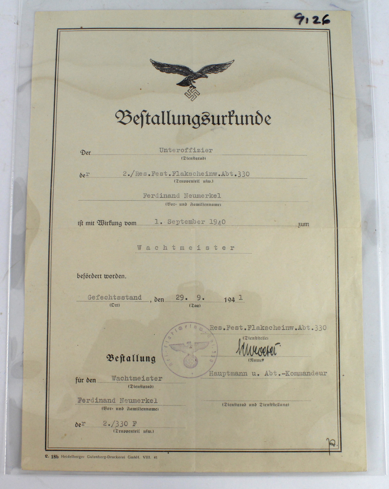 Germany from a one owner collection a Luftwaffe promotion certificate Unteroffizer Ferdinand