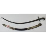 Indian sword Shamshir c1850 with slim curved blade 29" approx, silver scabbard decoration, hilt