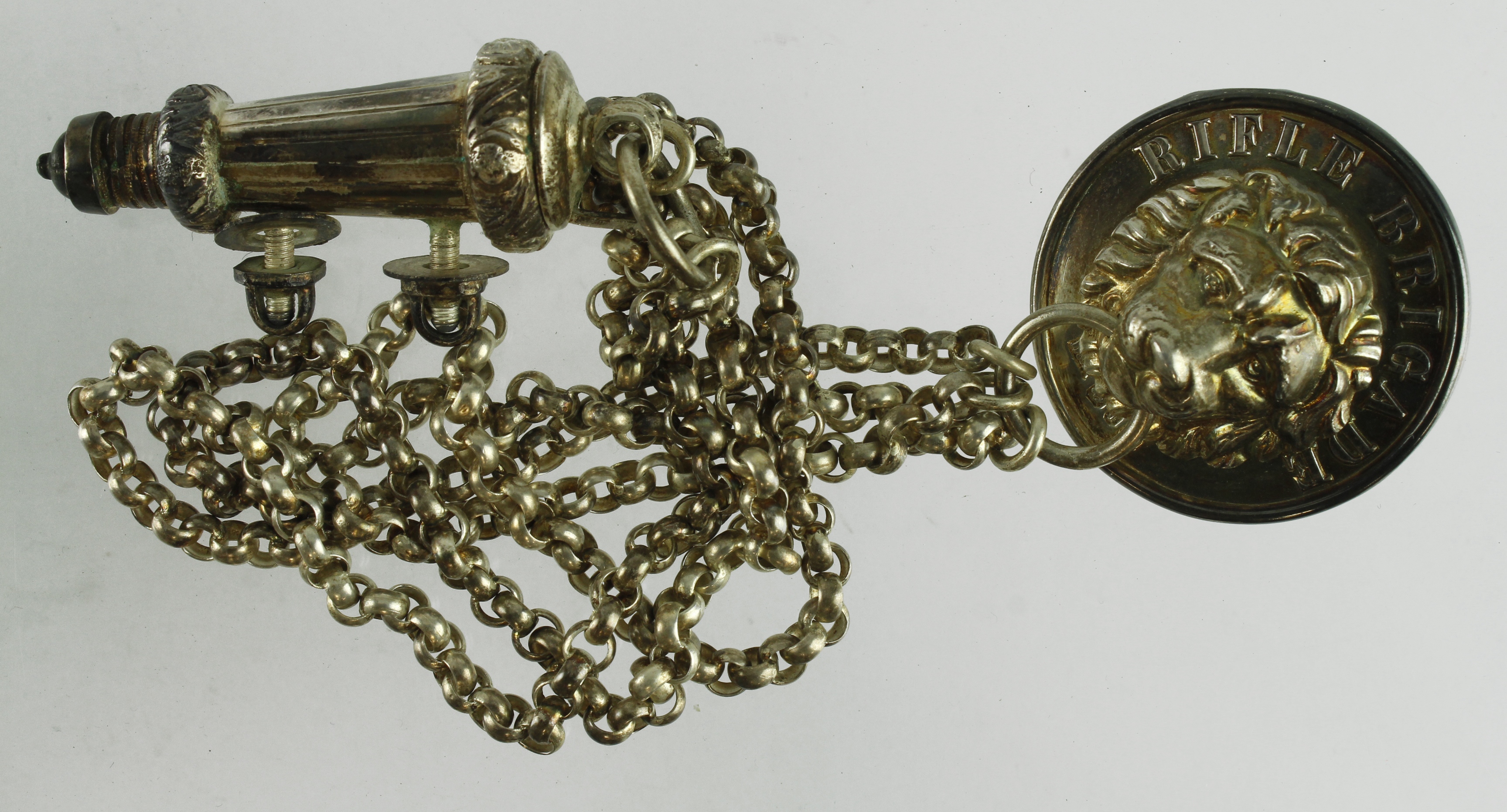 Rifle Brigade Victorian Cross Belt Whistle and Chain, silver hallmarked for 1890, matching