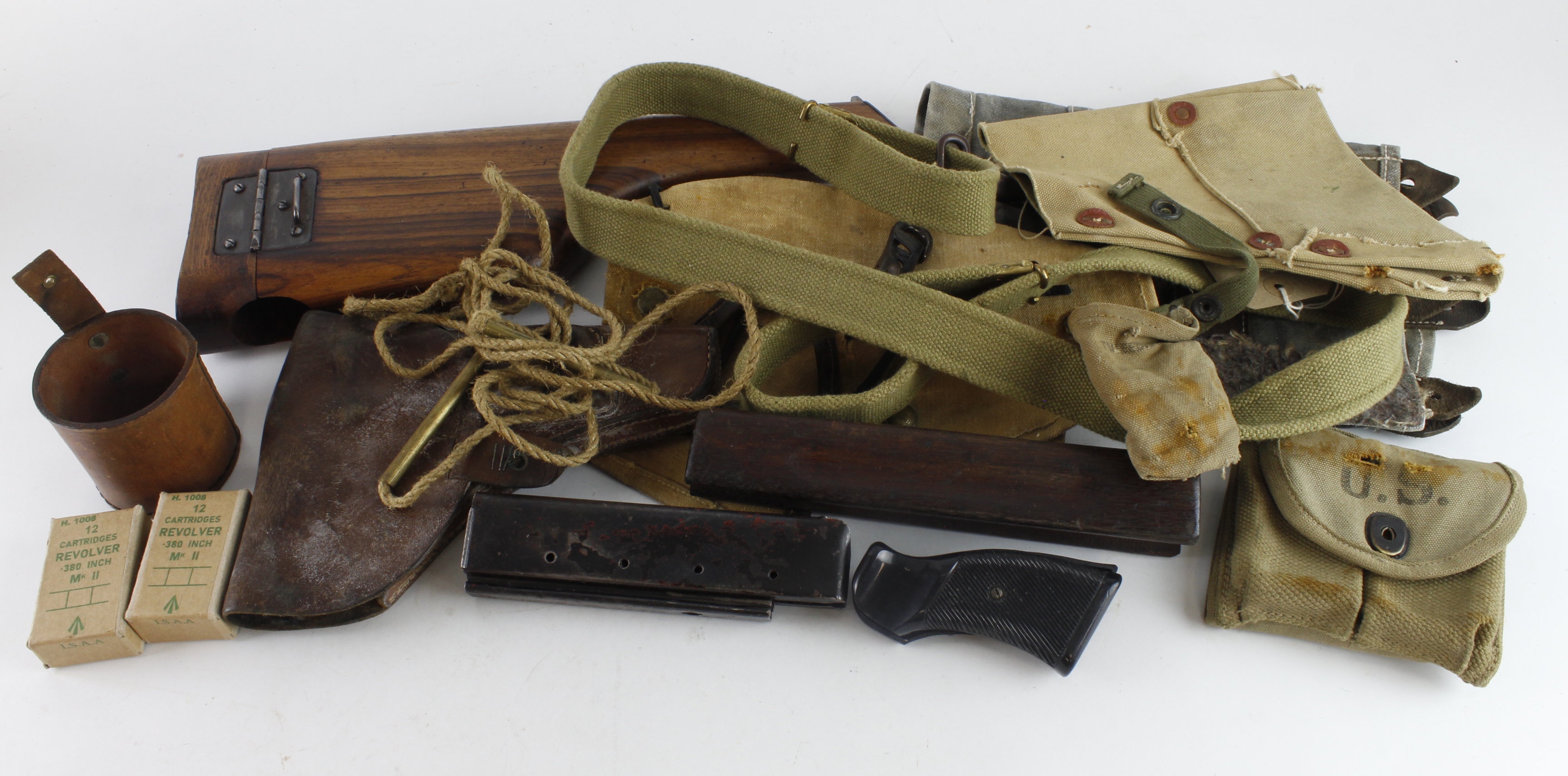 Box containing Weapon related items K98/98 Action Cover 1941 dated, Thompson Cover, Slings,