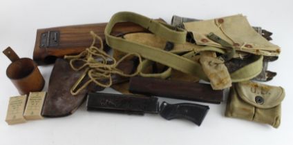 Box containing Weapon related items K98/98 Action Cover 1941 dated, Thompson Cover, Slings,