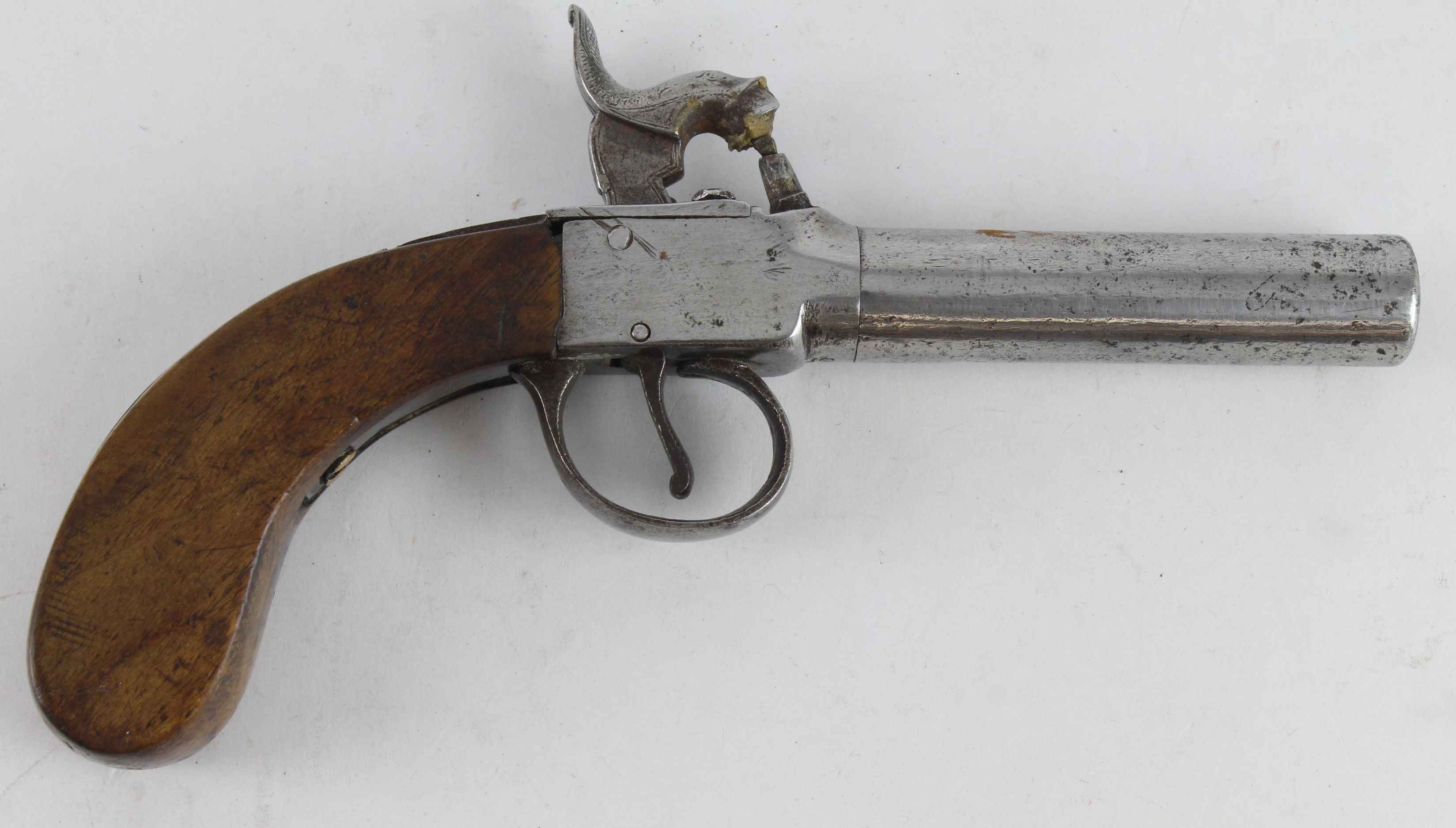 Percussion boxlock pocket pistol, turnoff barrel, circa 1850, proof to barrel, plain bag shaped