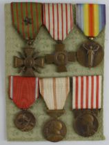 French Medals (x6) mounted on card, Croix de Guerre 1914/18, Croix de Fer, Victory Medal, Verdun