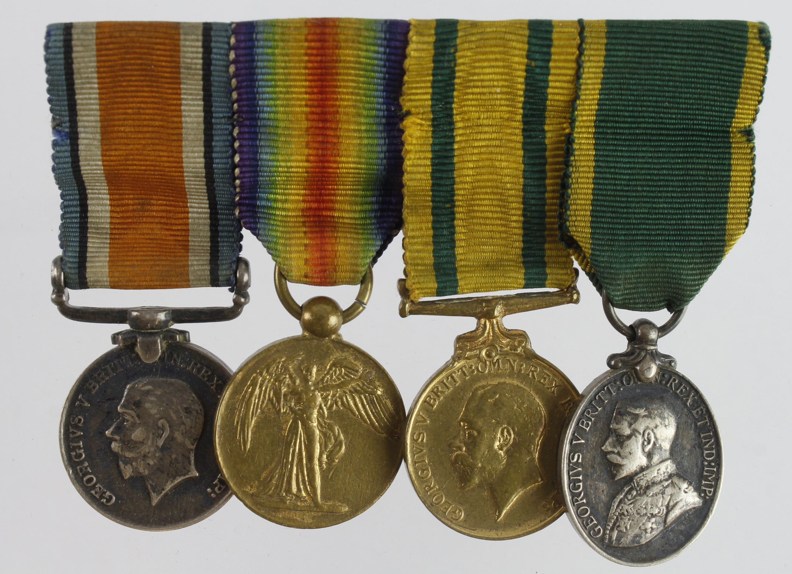 Minature Medal group mounted as worn - BWM & Victory Medal, Territorial War Medal, GV Territorial